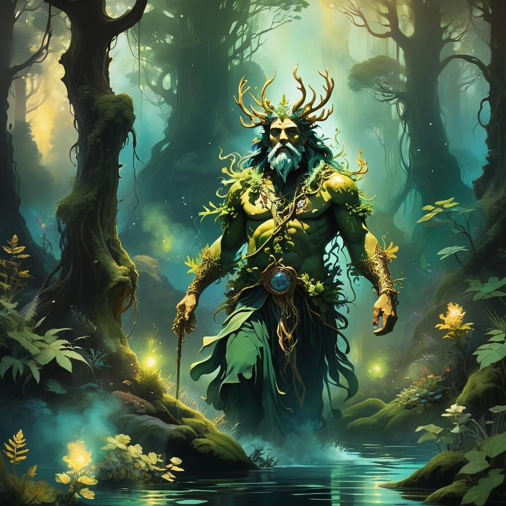 Nature God in Lush Greenery: A Fantasy Illustration