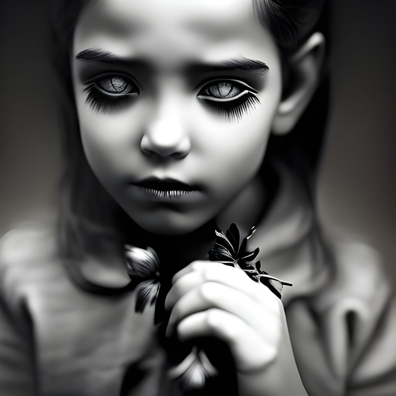 Sad Girl with Flowers: Black and White Photography