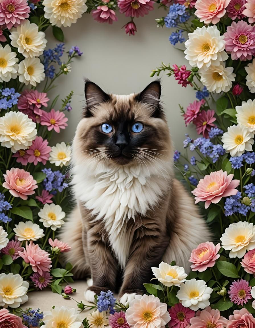 Ultrarealistic Ragdoll Cat in a Floral Paradise