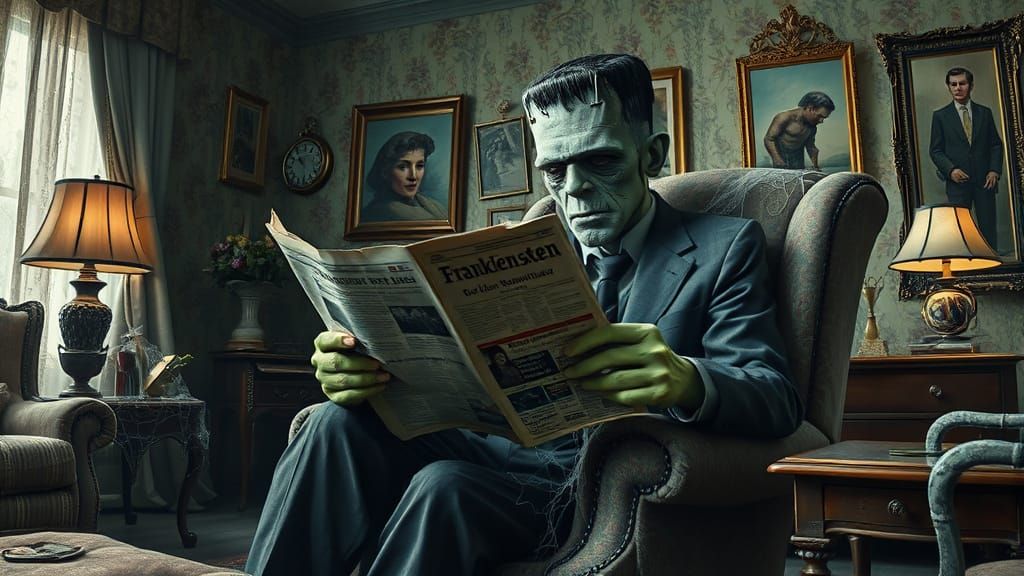 Frankenstein's Monster in 1950s Living Room, Reading Vintage...