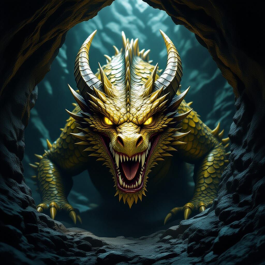 Majestic Dragon Emerges from Dark Cave