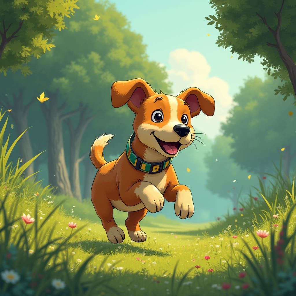 Happy Dog Runs in Sunny Park, Realistic Style