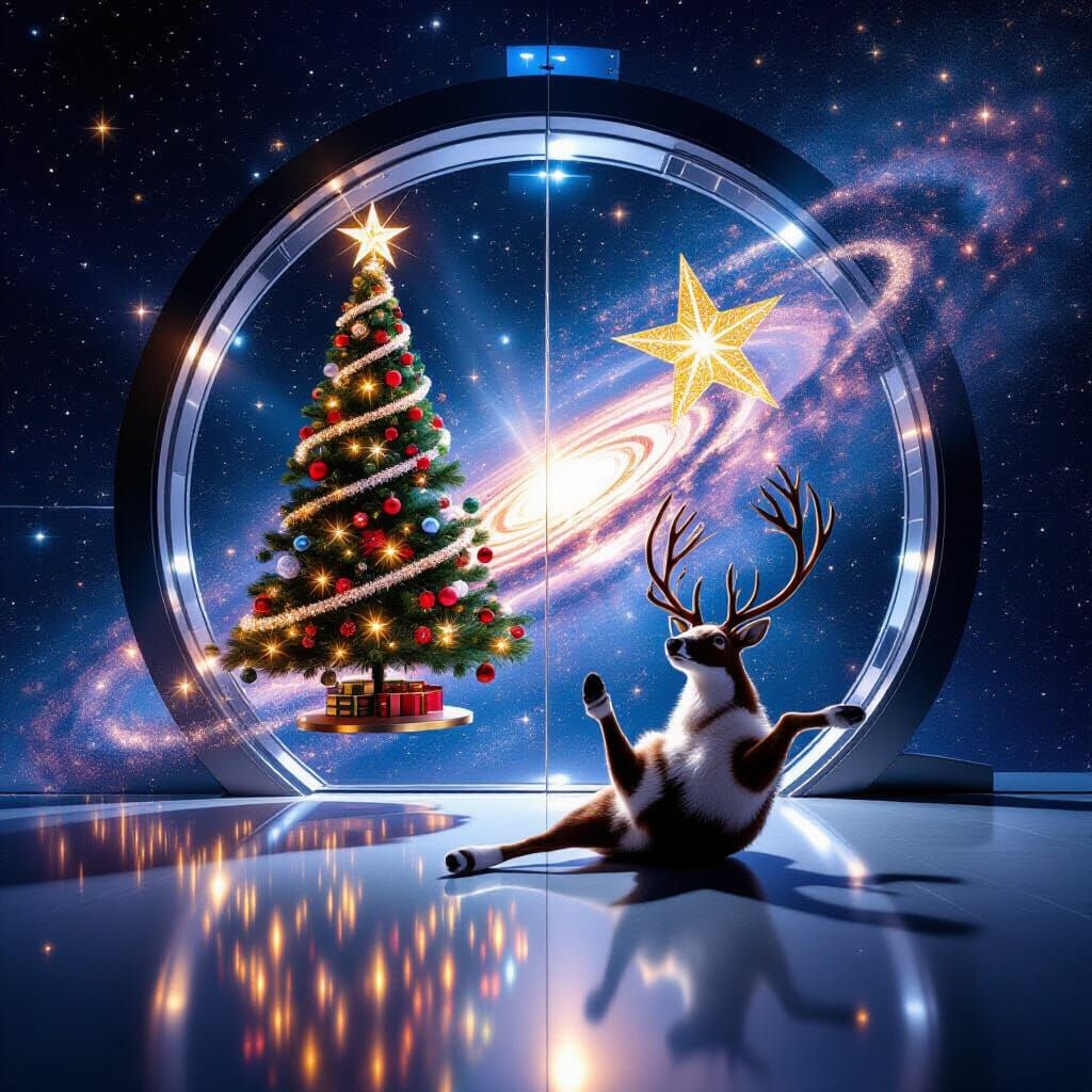 Celestial Observatory with Tinsel Flies Through Starry Sky