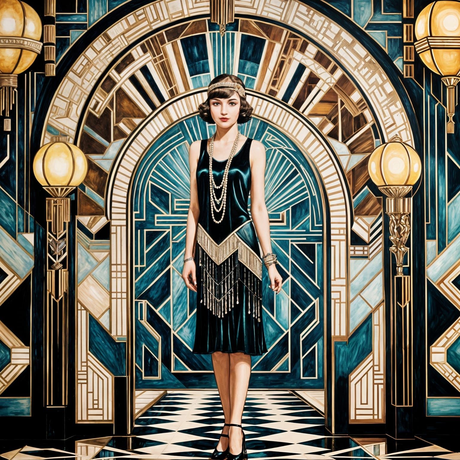 1920s Art Deco Nightclub: Encaustic Oil Painting