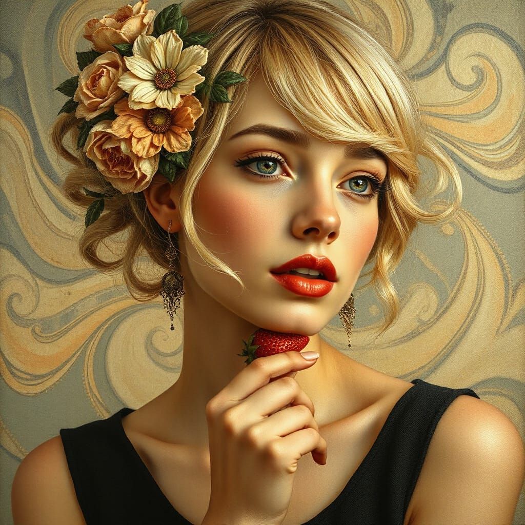 Art Nouveau Woman with Strawberry, Surrealist Style