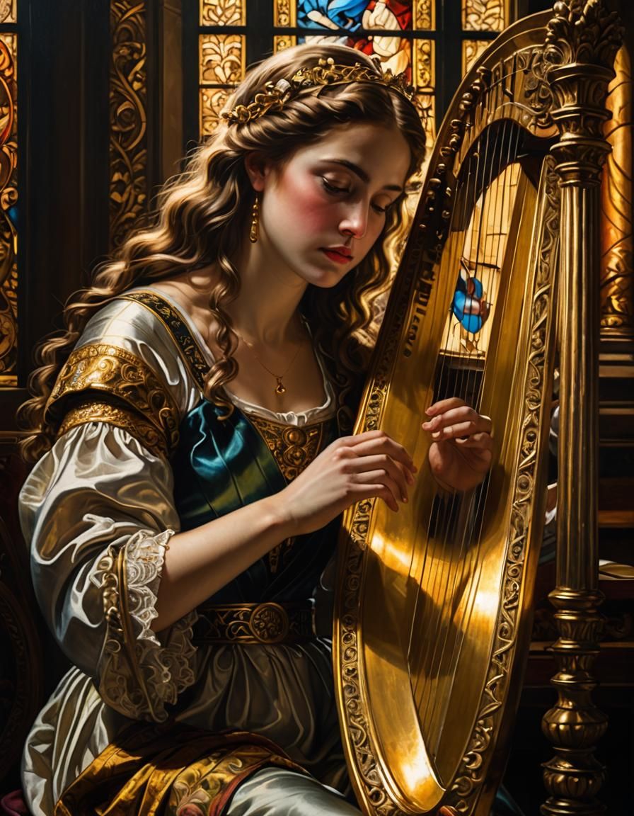 Baroque Saint Cecilia Plays Harp in Grand Interior