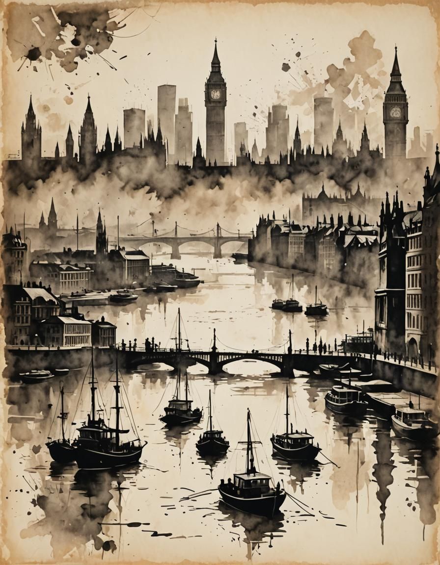 Thames River Boats in Modern Ink Painting