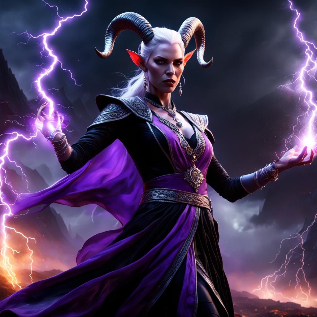 Tiefling Mage Casting Spell, Detailed Digital Painting