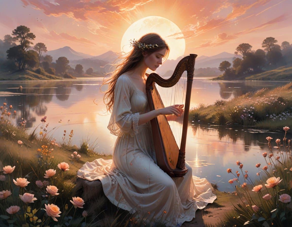 Romantic Lakeside Harpist in Dreamy Watercolor Illustration