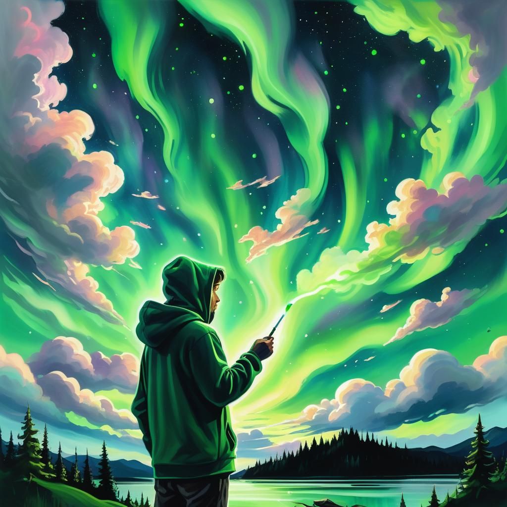 Man Paints Aurora Sky: Expressive Folk Art