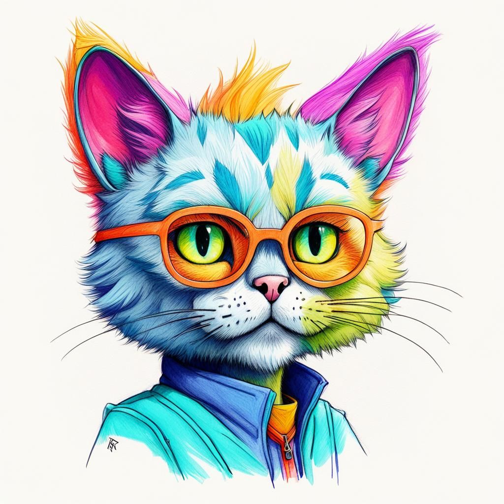 Pop Art Pencil Sketch of Furry Cat Character