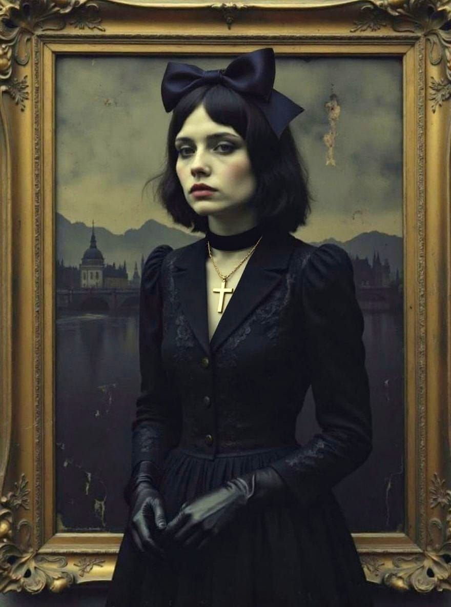 Gothic Portrait in Gilded Frame with Dark Atmosphere