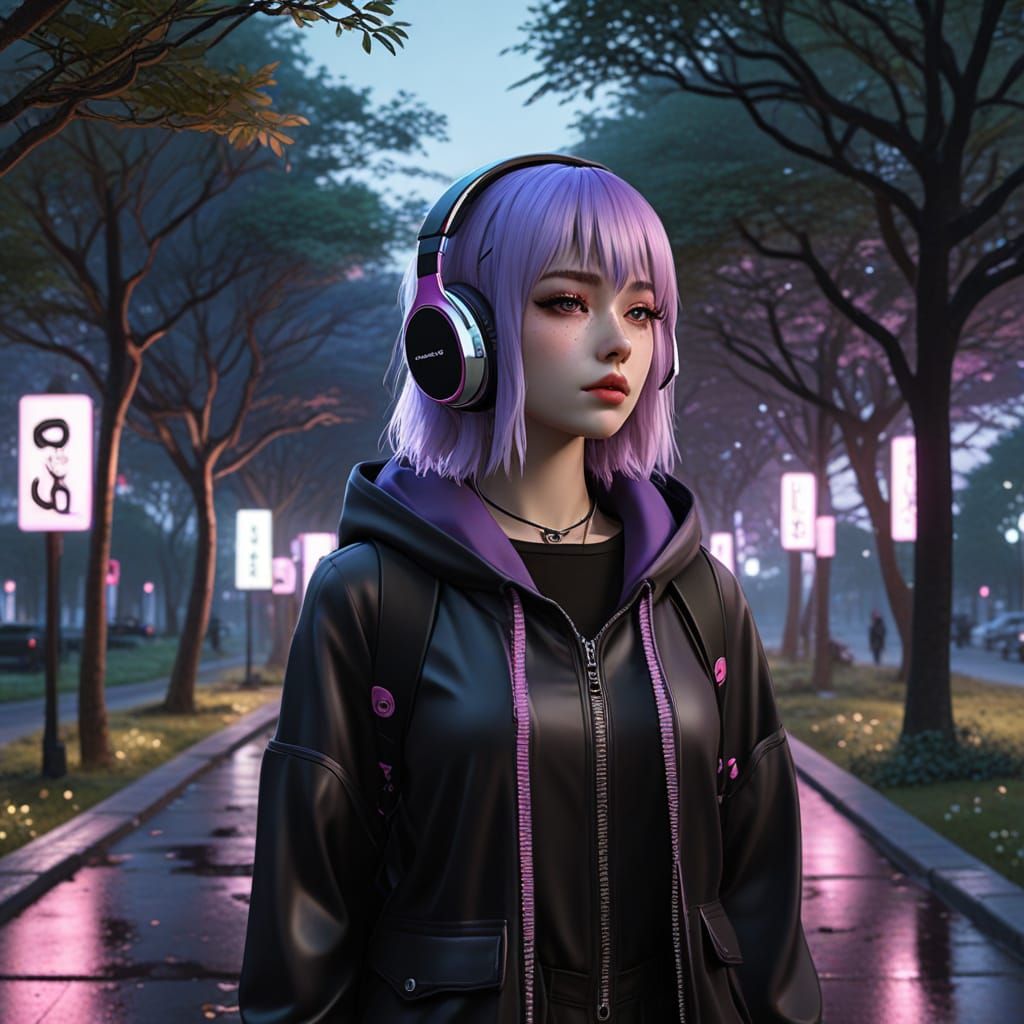 Anime Goth Girl Walking in Park with Neon Lights
