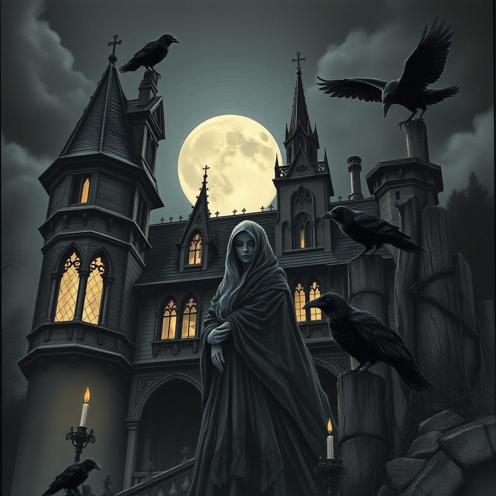 Sorrowful Ghost Confronts the Shadows of a Haunted Mansion