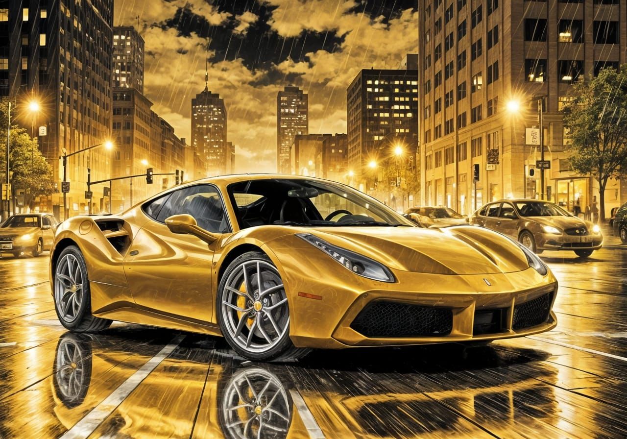 Golden Ferrari Speeds Through Rainy Detroit Night