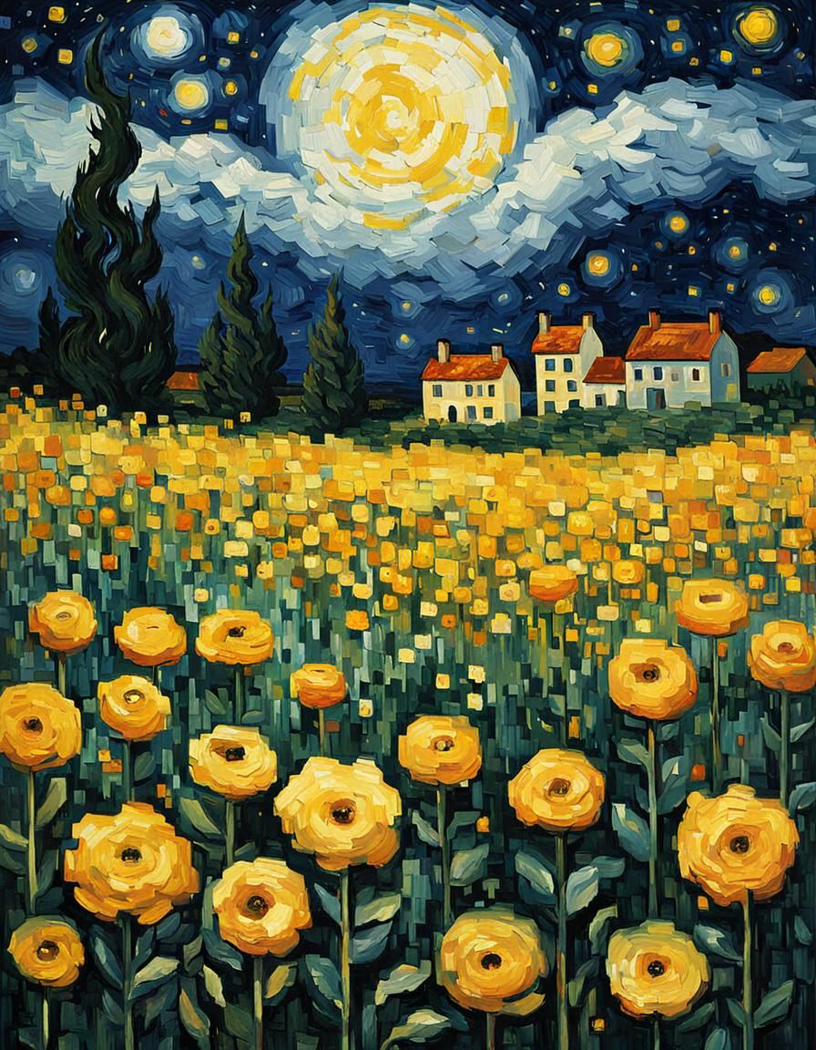 Pixelated Yellow Flowers Under Starry Night Sky