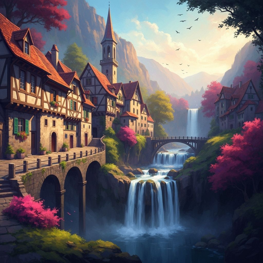 European Village Waterfall in Impressionistic Digital Art