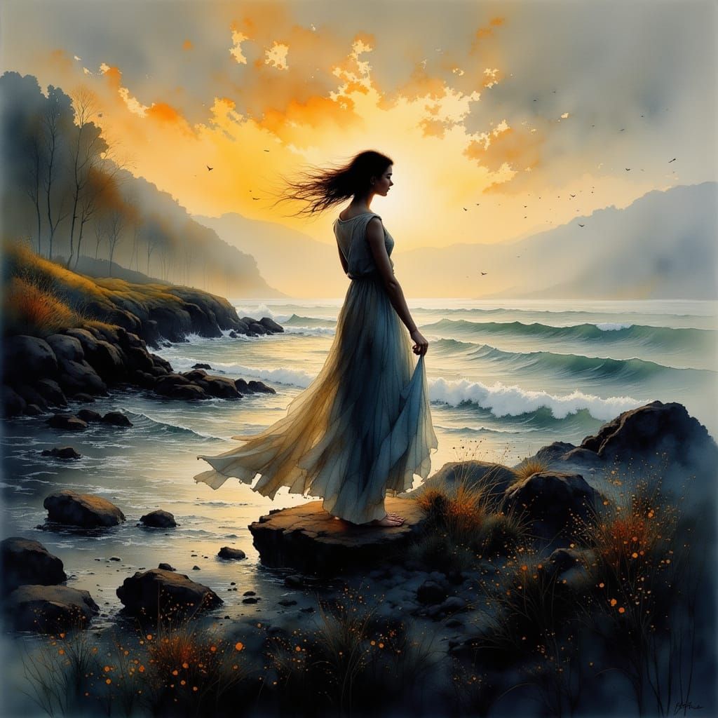 Sunset Seascape with Woman, Atmospheric Painting