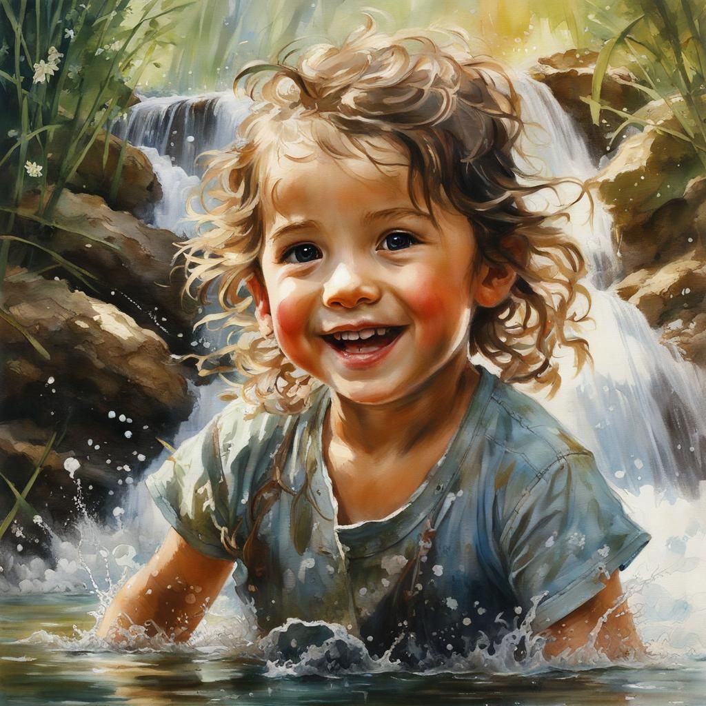 Adorable Toddler Splashing in Waterfall, Anime Style