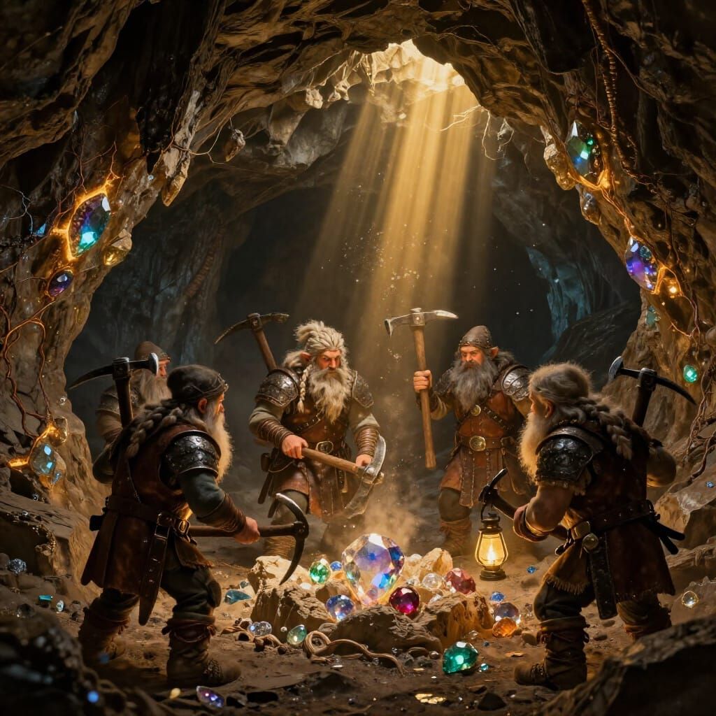 Dwarves Mining Glittering Jewels in Ethereal Cave