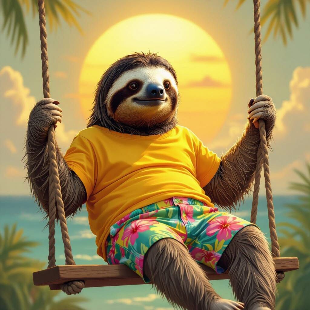 Hyperrealistic Sloth in Hawaiian Shorts on a Swing
