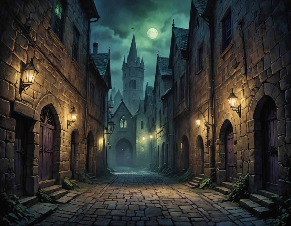 Mystical Medieval Alley at Night: Gothic Horror Art
