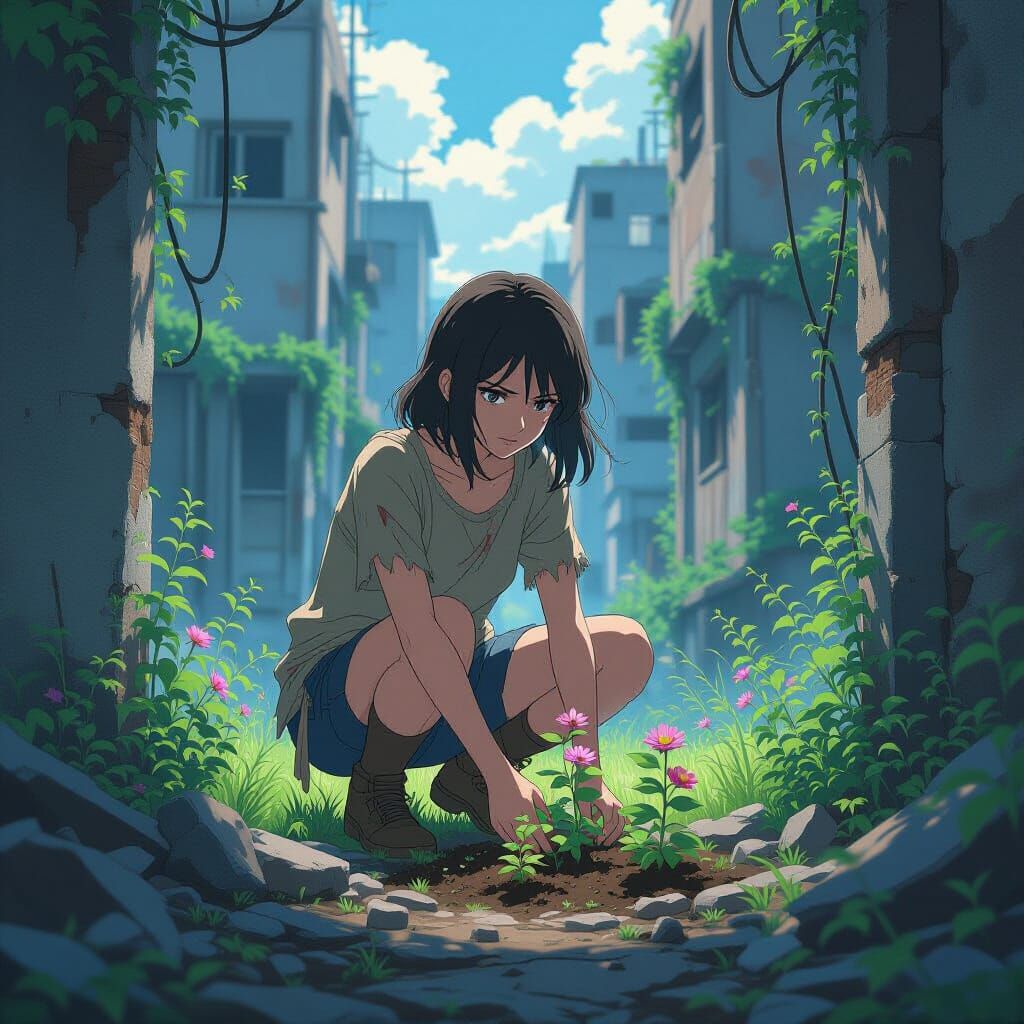 Survivor Tends Hopeful Garden in Ruined City Anime Art