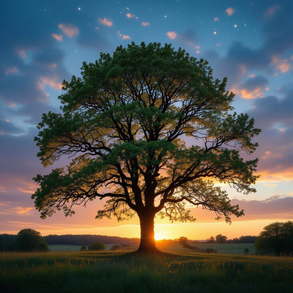 Majestic Linden Tree Under Magic Sky in Film Style