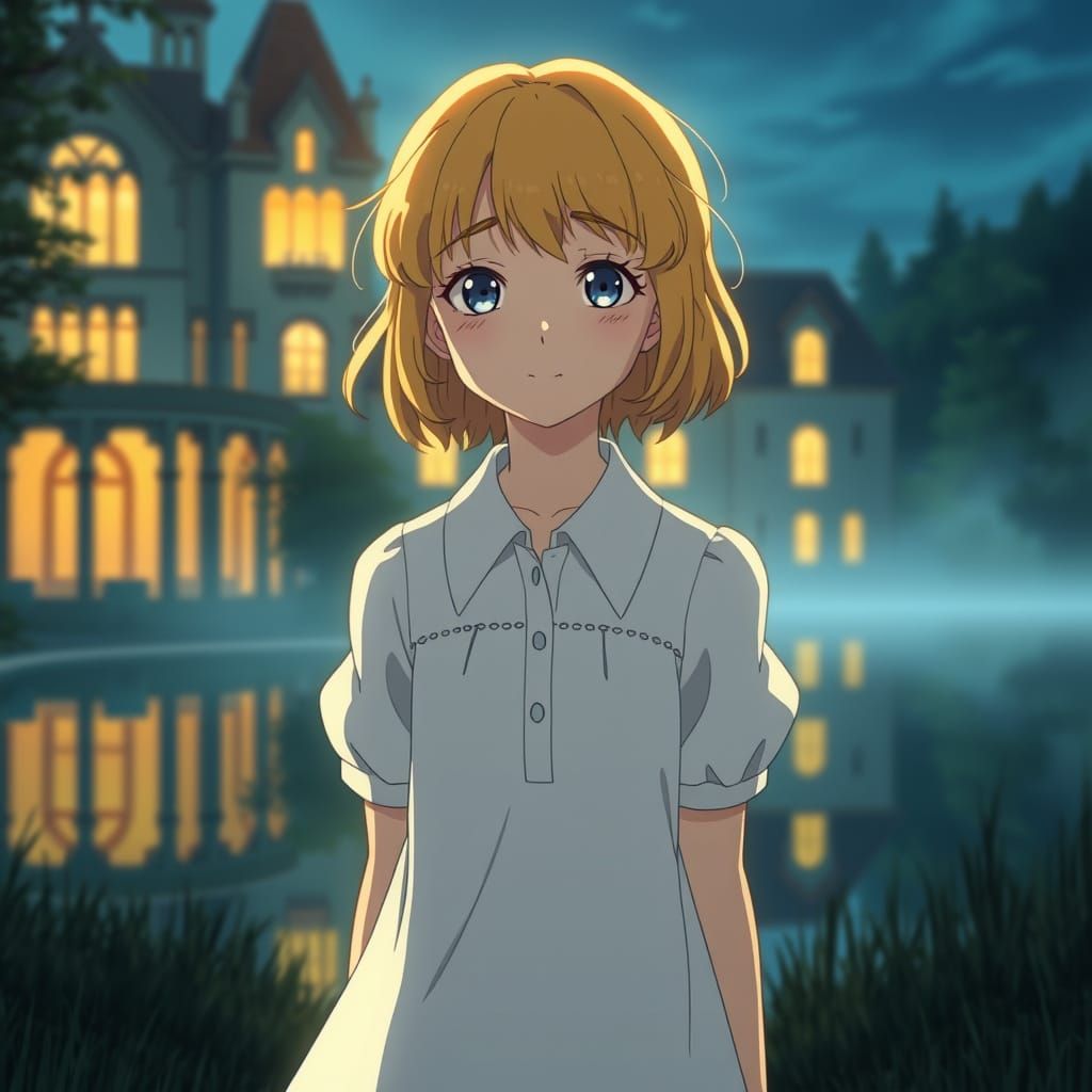 Glowing Manor Scene with Blonde Girl in White Dress