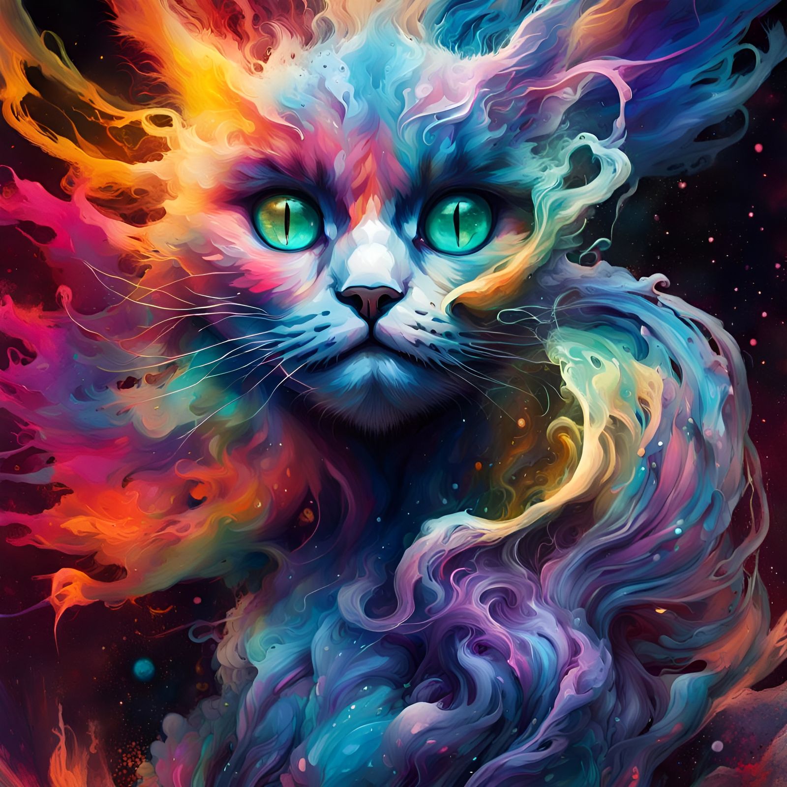 Celestial Cat in Neon: Mixed-Media Masterpiece