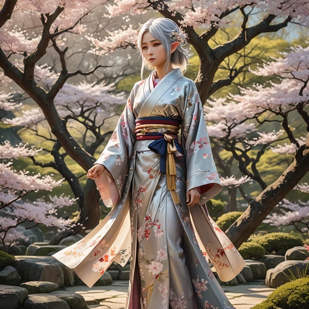 Elegant Japanese Elf in Garden, Anime Style