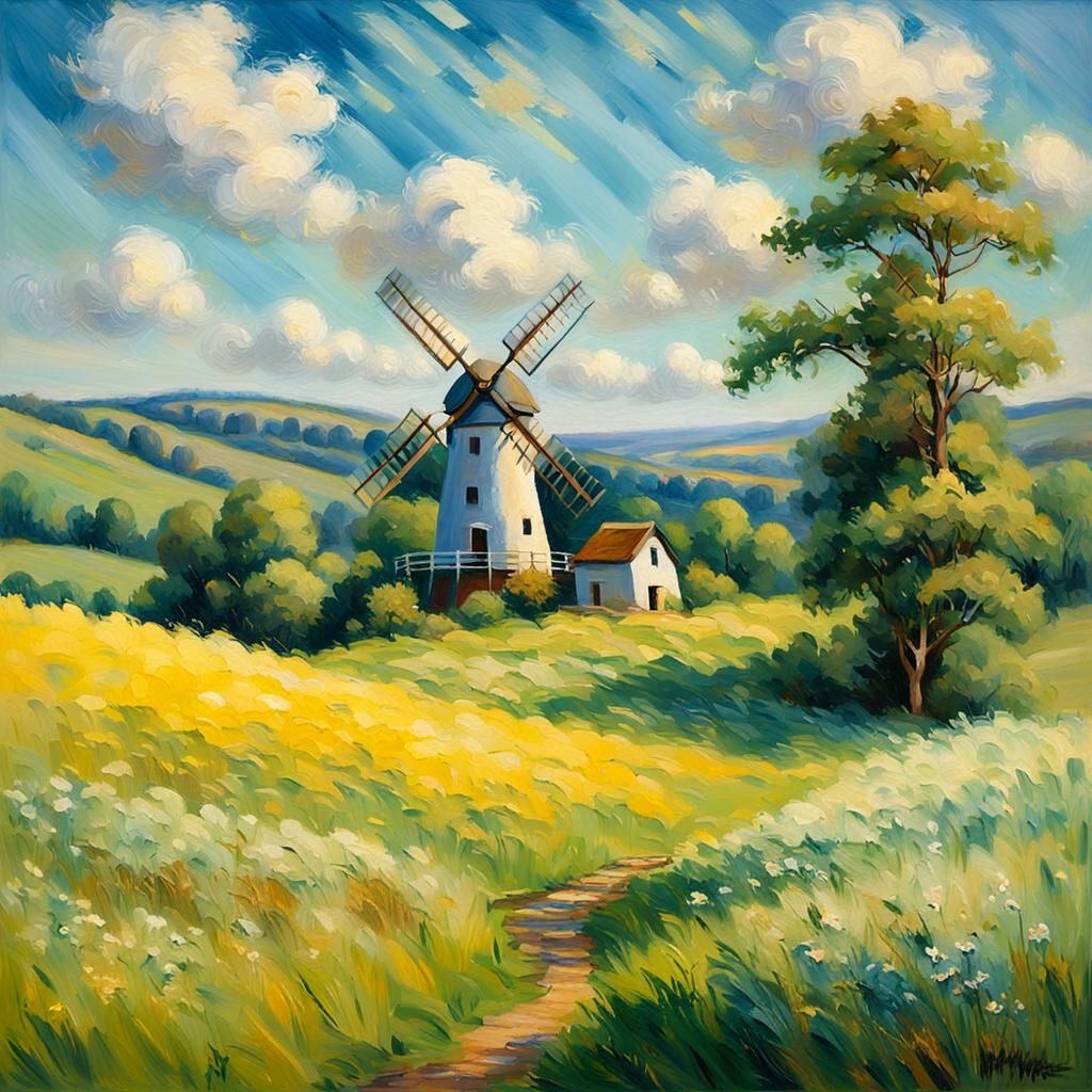 Idyllic Windmill in Impressionist Style Landscape