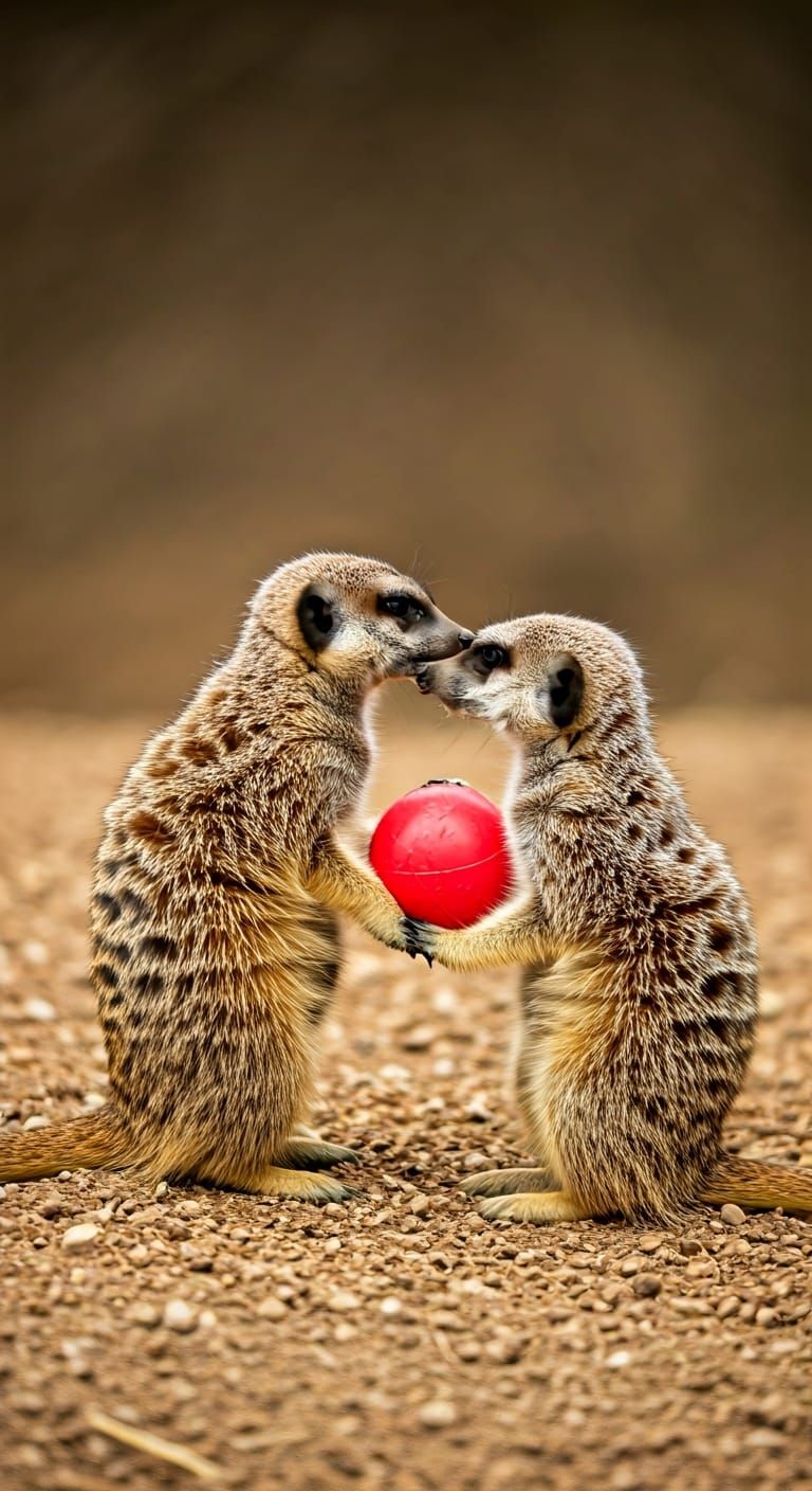 Meerkats Play with a Red Ball on Savannah