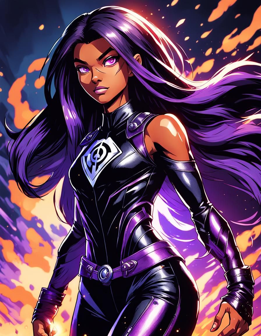 Blasian Woman with Fiery Hair in Manga Style