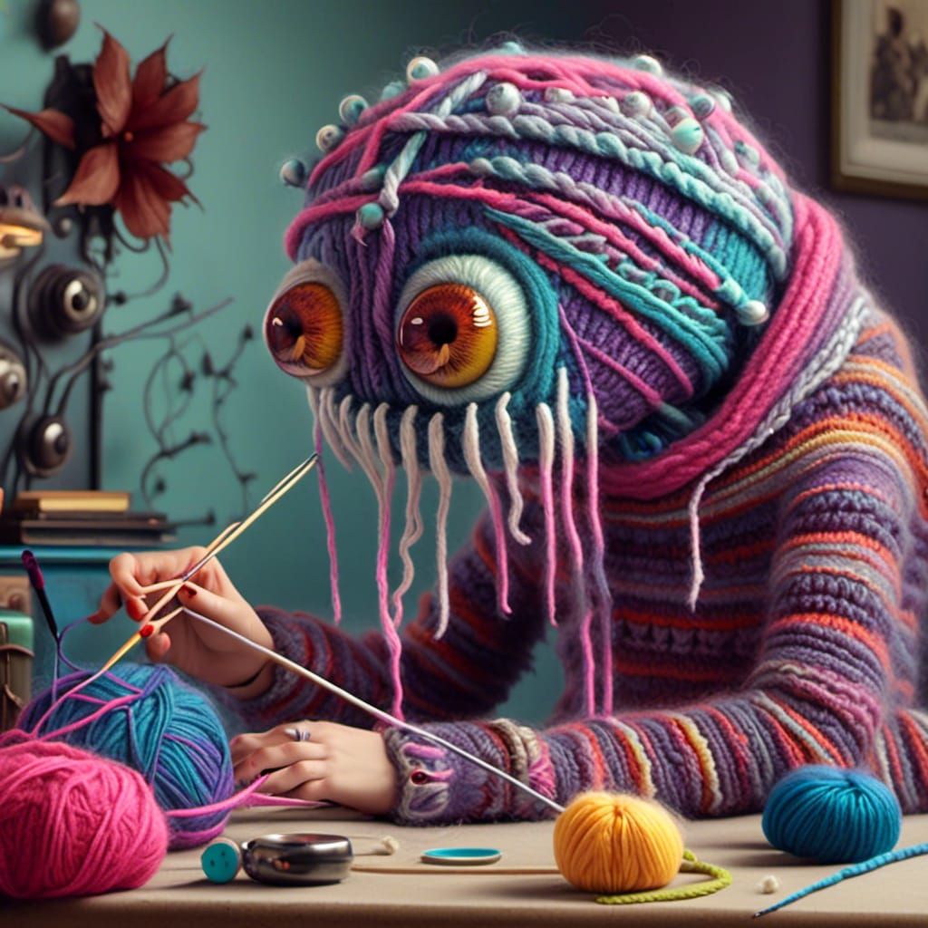 Yarn Monster Knitting Sweater in Pop Surrealism Style