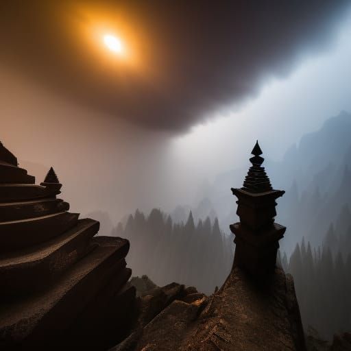 Eerie Mountainside Stairway in Dark Fantasy Style