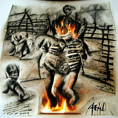 Disturbing Charcoal Drawing of Burning Corpses