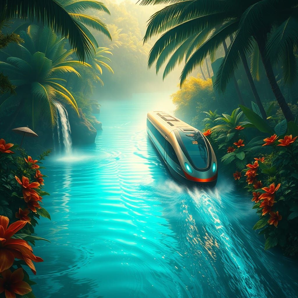 Sleek Silver Train Speeds Along Tropical River in Vibrant, D...