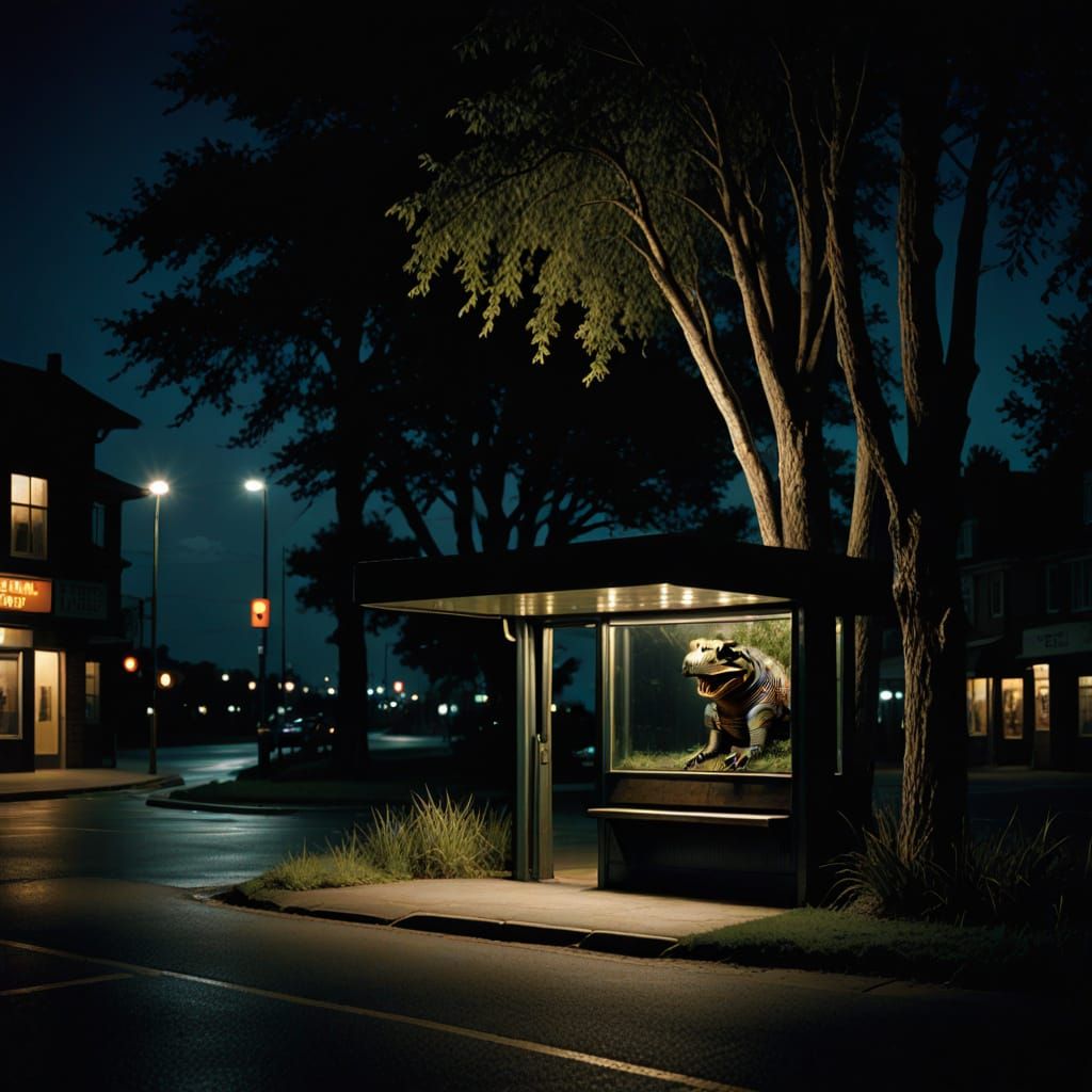 Urban Bus Stop at Night with Alligator
