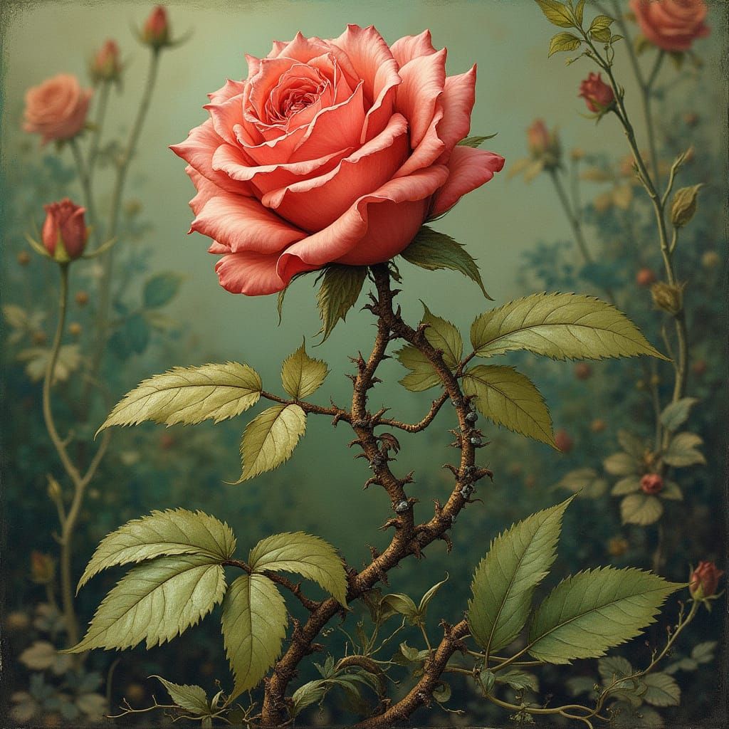 Roses Ensnared in Whimsical Thorns, in the Style of Albrecht...