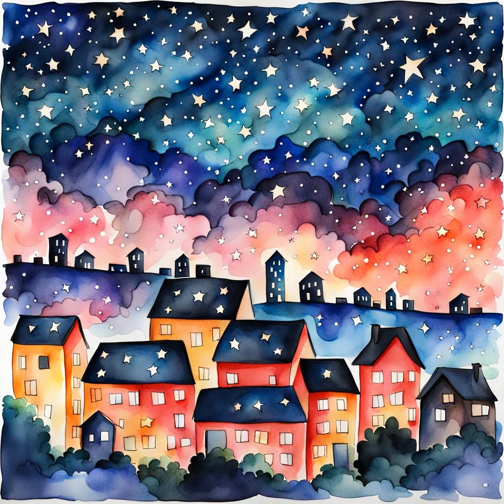 Watercolor Starry Sky with Buildings