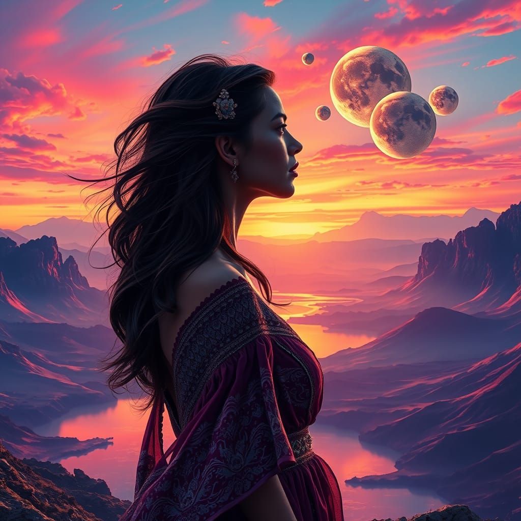 Mystifying Woman on Alien Planet with Lunar Satellites