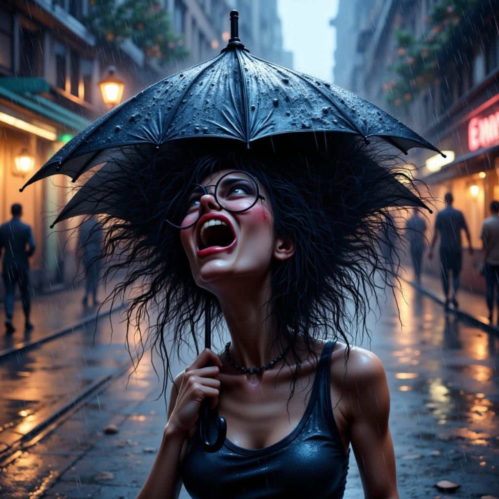 Person Struggling in Dystopian Rainy Cityscape