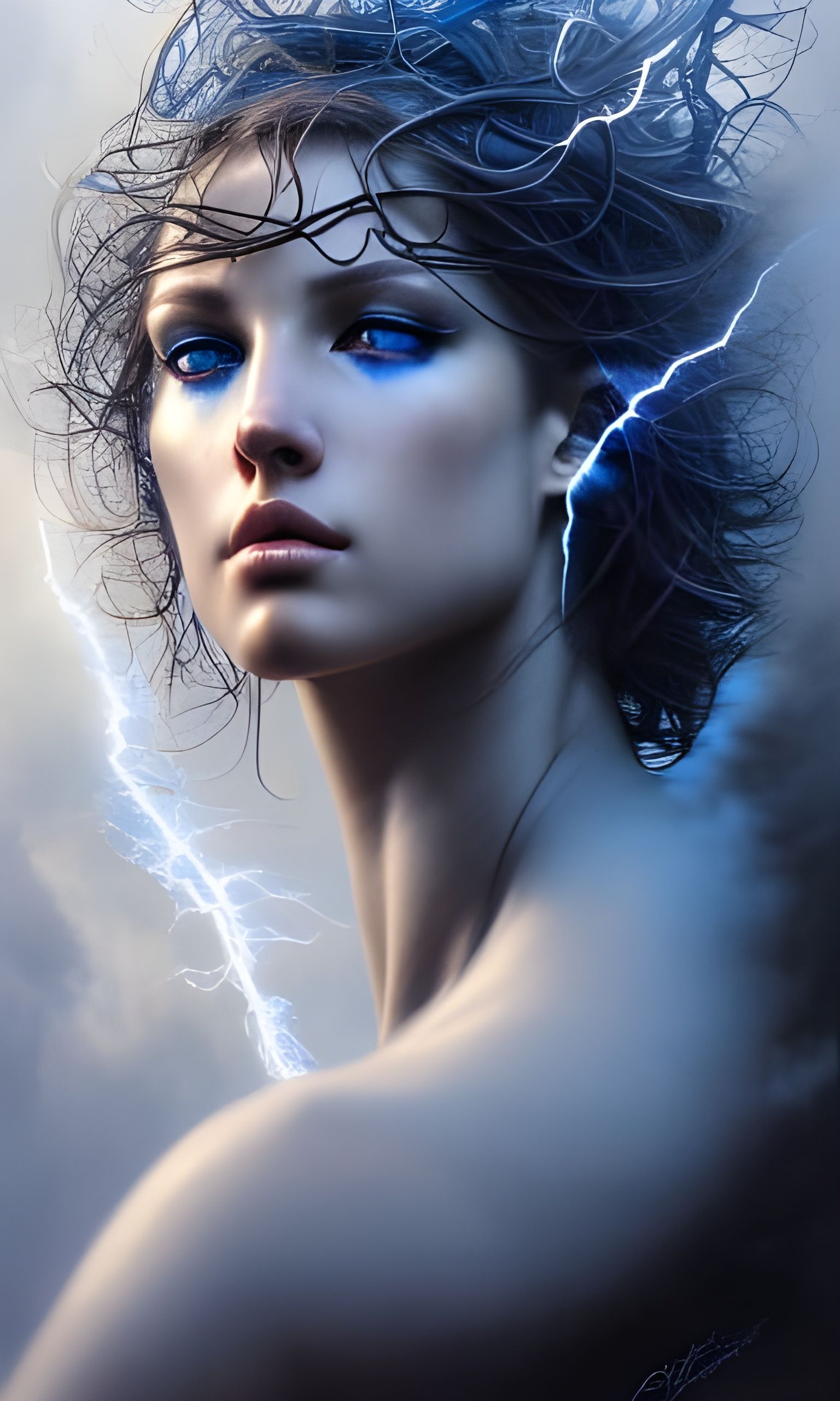 Blue Lightning God Portrait in Digital Art Style