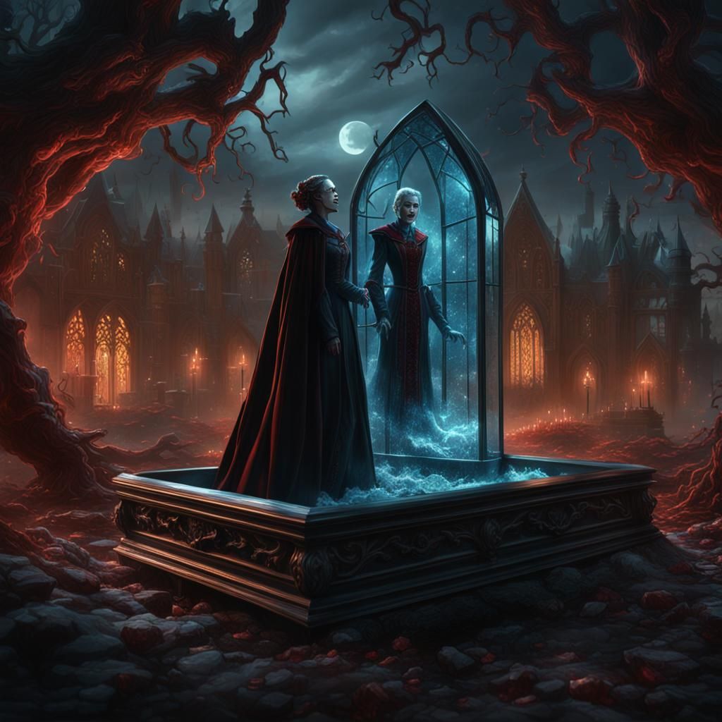 Vampire and Woman Escape Glass Coffin in Digital Art