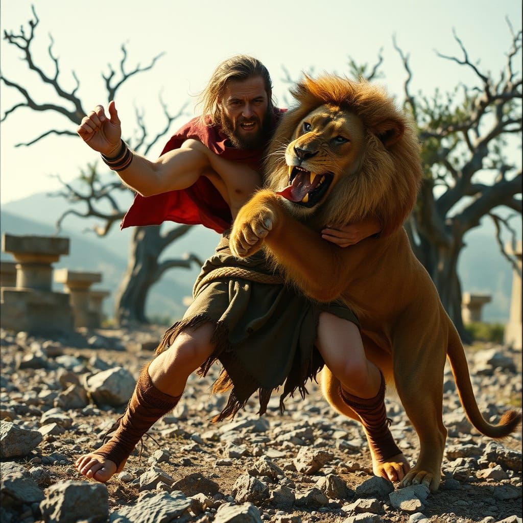 Ancient Greek Hero Battles Fierce Lion in Epic Landscape