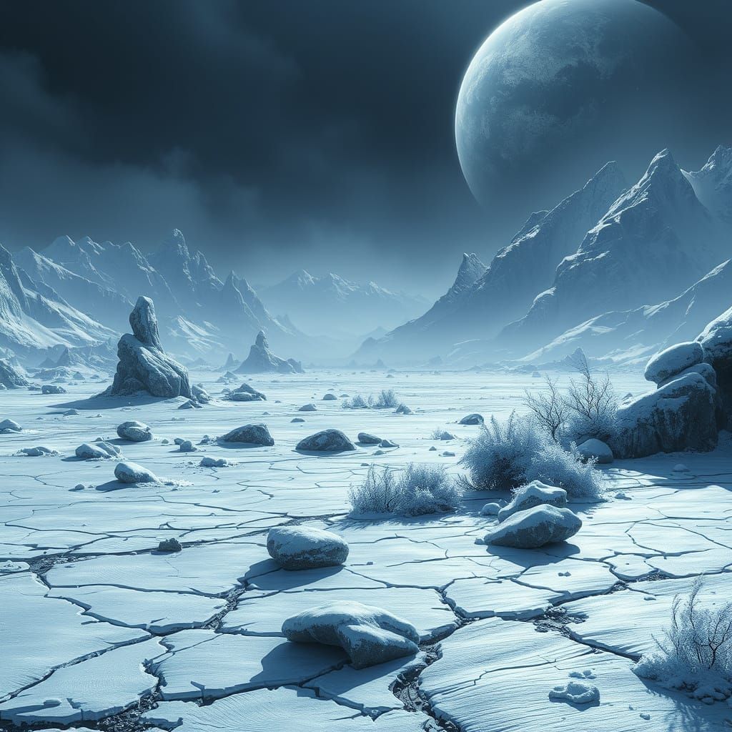 Icy Alien Planet Landscape in a Sci-Fi Style