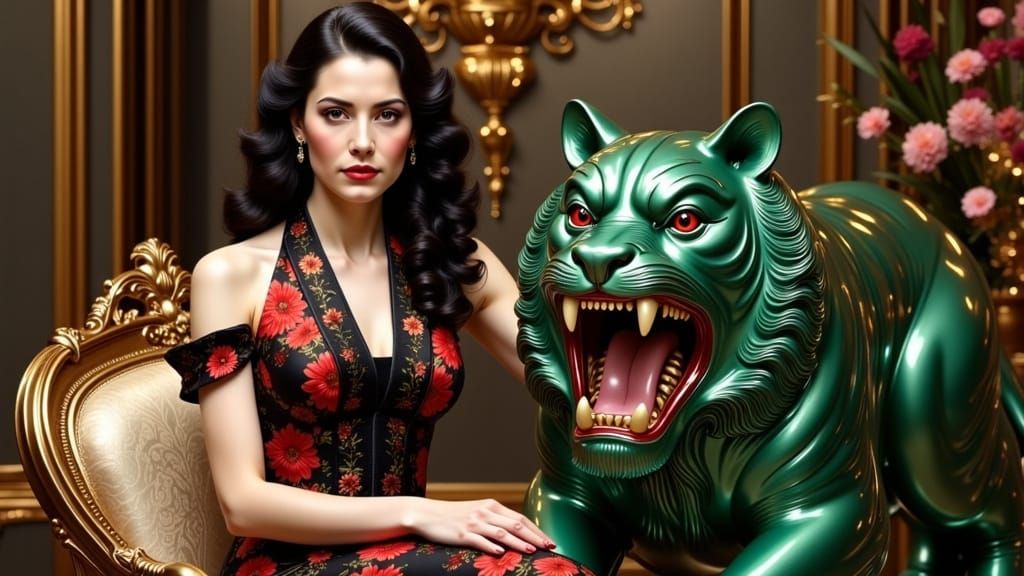 French Woman in Cheongsam with Emerald Tiger Sculpture