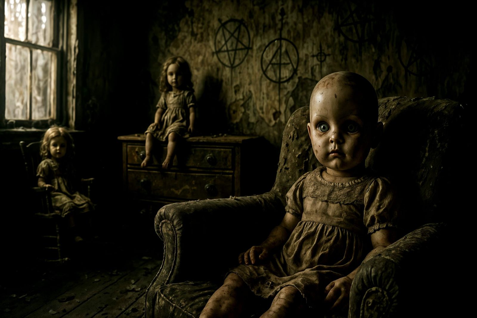 Creepy Dolls in Dilapidated Room: Photorealistic Detail