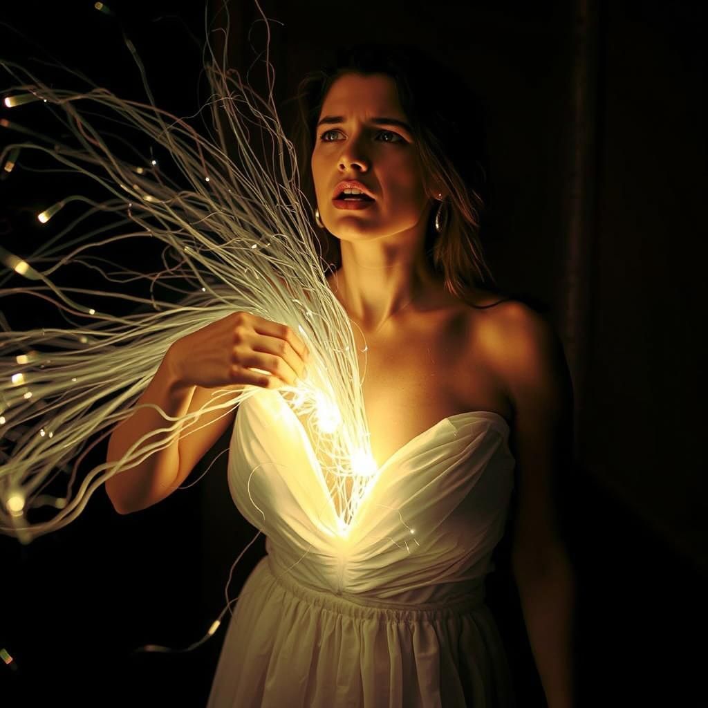 Heartbreak: Woman Ripping Out Glowing Light in String Art St...